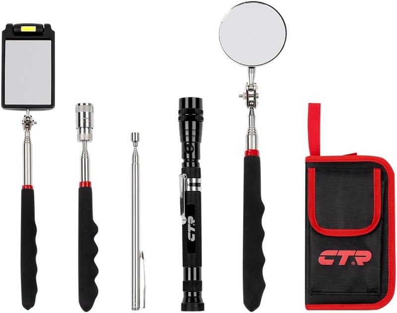 CTR 5PCS Telescoping Magnetic Pickup Tool Kit with Super Bright COB LED Square Inspection Mirror, Flexible Magnet Flashlight, Adjustable Inspection Tool with Long Handle - Best Gadgets Gifts for Men - Image 1